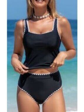 Popfeeling Tankini Swim Suit Size Large Black White Padded NWT